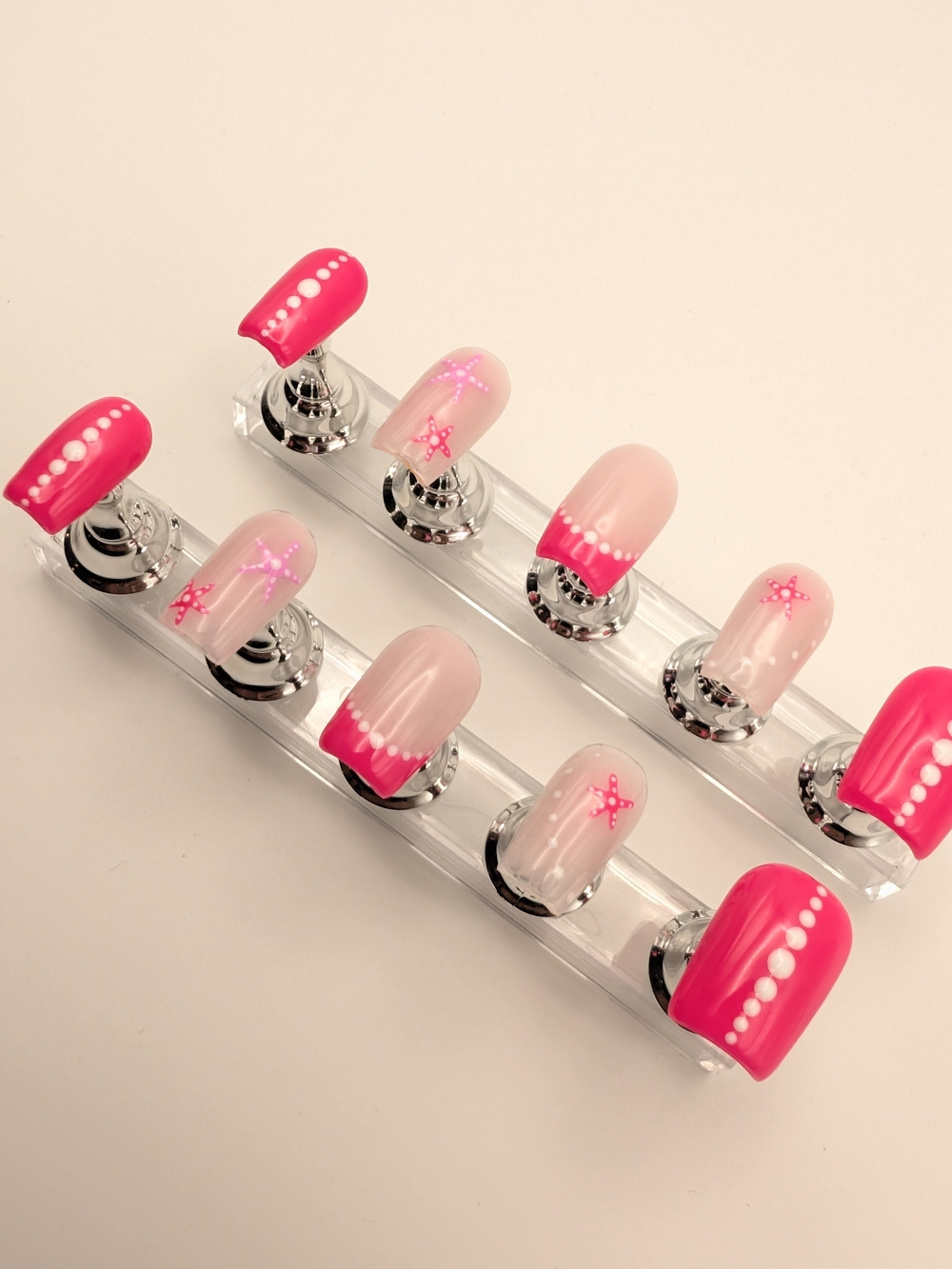 Handcrafted Summer Pink Starfish Short Square Press-On Nails